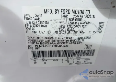 2011 Lincoln Mkx z USA, uszkodzony, nr VIN 2LMDJ8JKXBBJ28048